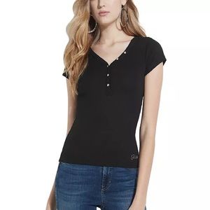 Guess V-Neck Logo Henley T-Shirt